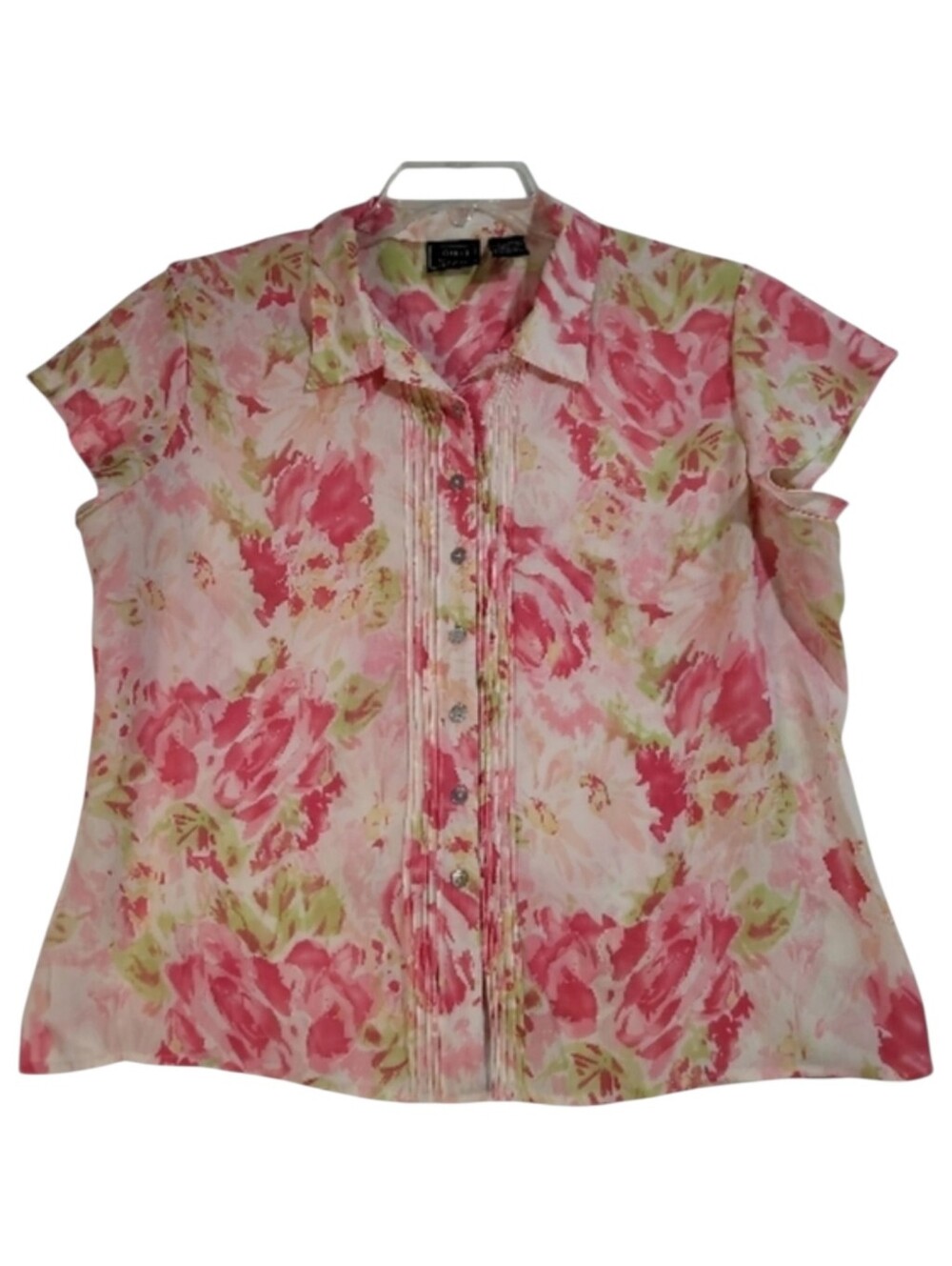 Laura Scott Pink Floral Button-Down pintucks 1X Blouse Office Cottagecore Boho